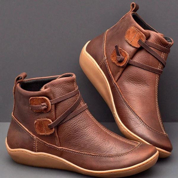 

leather women boots ankle boots female winter shoes woman cross strap vintage autumn shoes ladies flats punk botas women, Black