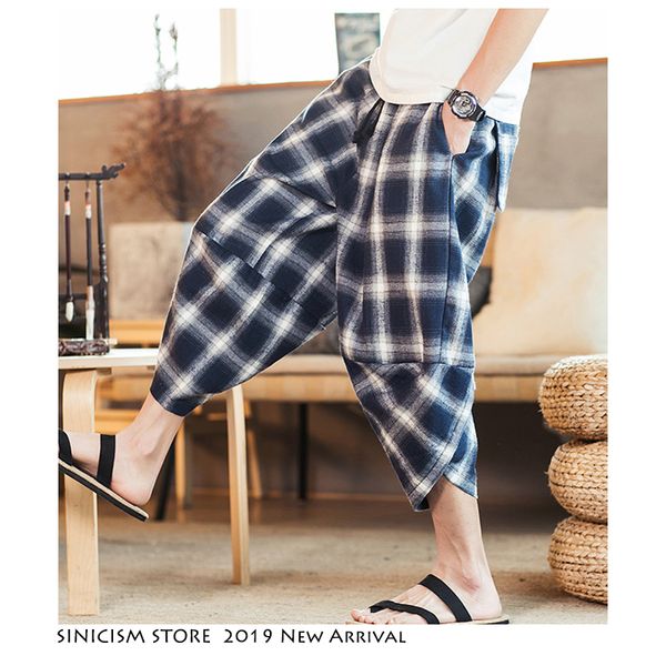 

sinicism store men 2019 cotton linen streetwear joggers mens summer funny casual sweatpants gingham check male harem pants 5xl, Black