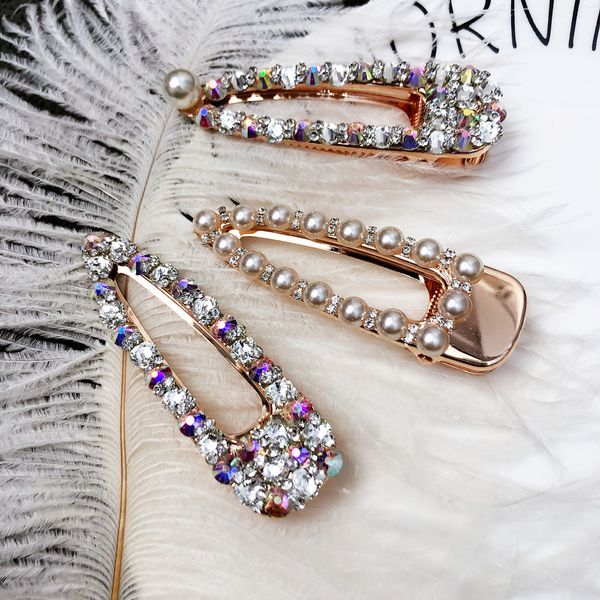 

2019 new hollow out triangle full pearls rhinestone barrettes women's hair pin stick accessories for women wedding jewelry, Golden;white