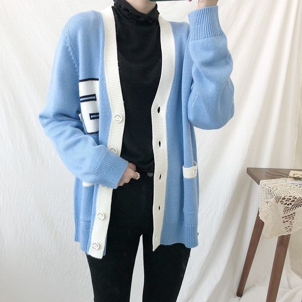 

new letter knitted cardigan blue single breasted knitted sweater knitwear jacket, White