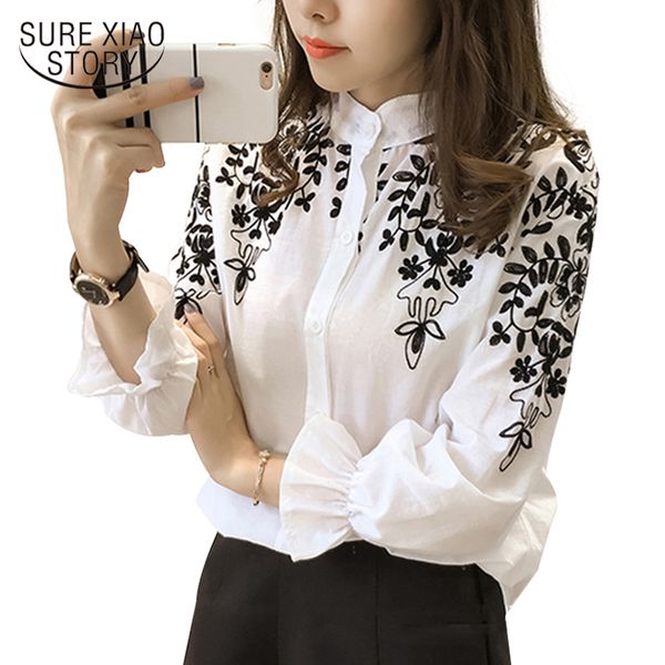 

new fashion female clothing embroidery blouse shirt cotton korean flower embroidered korean style fresh shirt, White