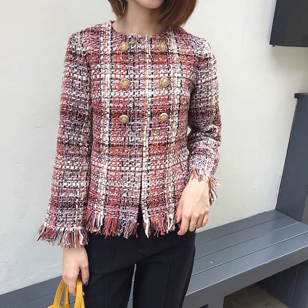 

ladies chic fringe plaid tweed jacket double breasted short tassel women tweed coat female autumn elegant outwear lux designer, Black;brown