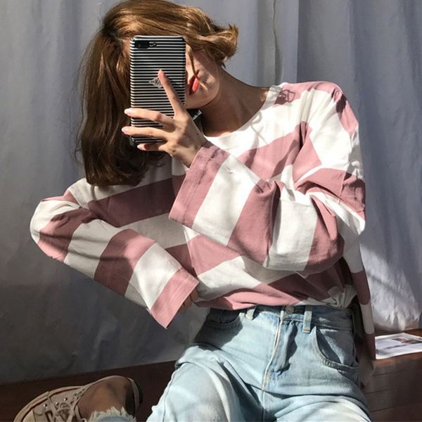 

2019 fashion striped long sleeve t-shirt women korean casual loose t shirt femlae spring o-neck women tshirt, White