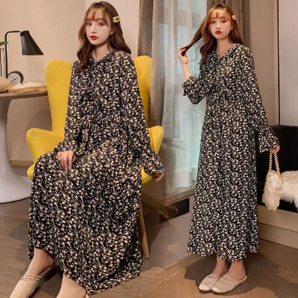 

2020 new chiffon flower one-piece butterfly collar medium and long fashion mother's maternity skirt plus size retro flowerdress, White