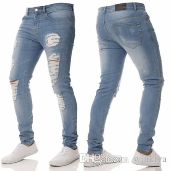 

mens solid color distressed biker cool jeans fashion slim ripped washed pencil pants mens jeans male high street jeans, Blue