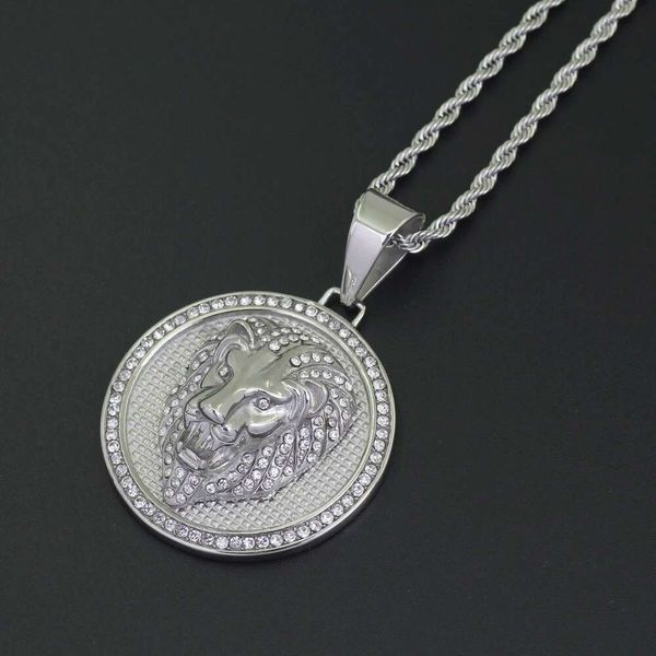 Fashion- Lion Head Diamantes Pingente Colares Para Homens Animais Ocidental Colar De Luxo Aço Inoxidável Corrente Cubana Rodada Dog Tag Jóias