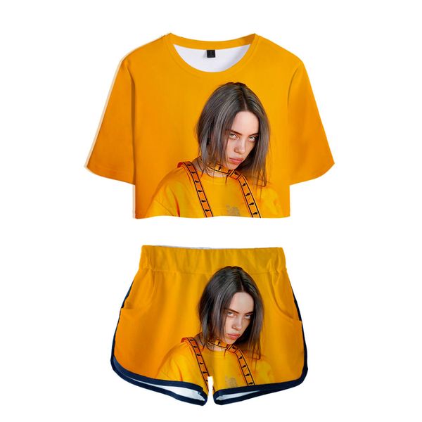 

popular singer billie eilish 3d printed summer 2 piece set women short sleeve crop and shorts ladies tracksuits 2pcs outfit, White