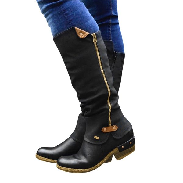 

knee high boots women fashion western style cowboy boots riding casual knee middle tube large size 35-43 botines muj, Black