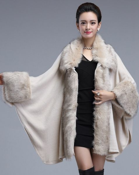 

2020 новая женщина зимняя куртка меха накидка вязаные кардиганы capeponcho фуфайки женщин одежда балахон траншеи пальто женщин, Black