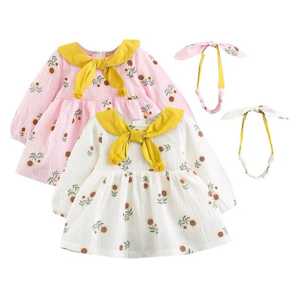 

girls dress autumn casual baby girls floral pattern long sleeve dress with headband kids toddler pageant sundress, Red;yellow