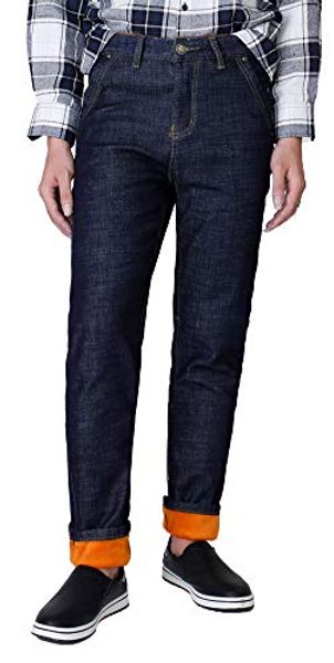 

plaid&plain men's flannel lined jeans fleece lined insulated work pants slim bootcut jeans, Blue