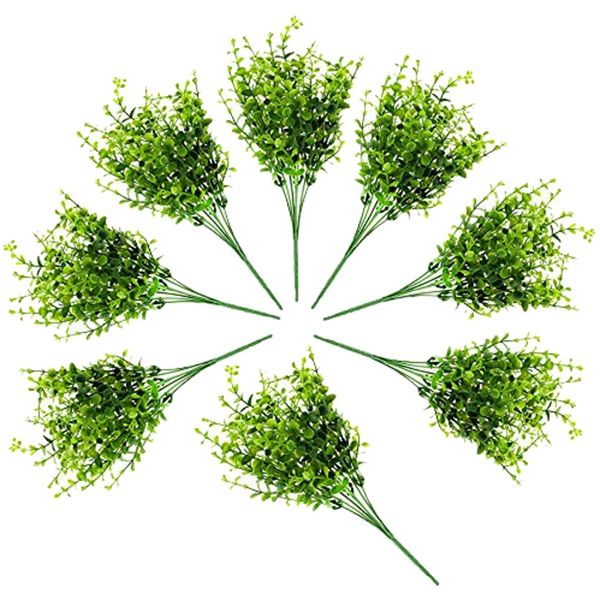 

artificial shrubs (8-pack); faux plastic leafy green imitation boxwood plants for decorating indoor outdoor
