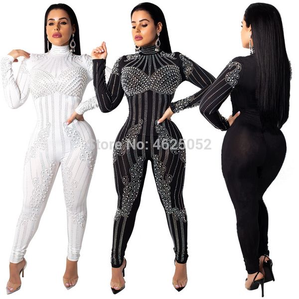 

pearls diamonds mesh jumpsuit turtleneck long sleeve women romper bar night club performance party overalls playsuits, Black;white