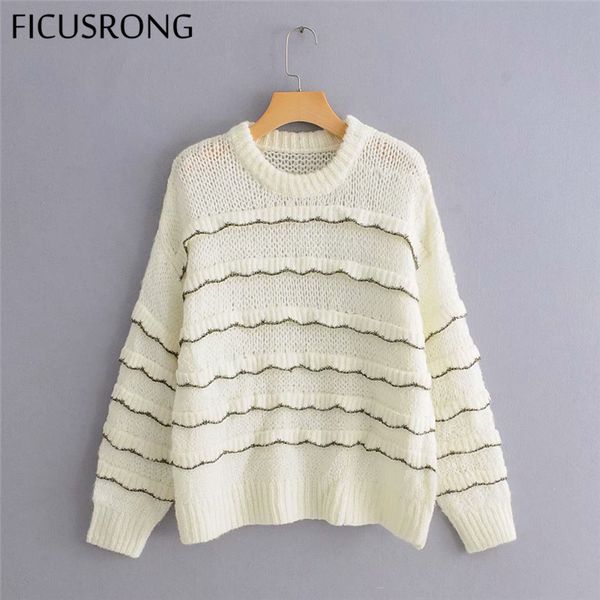 

new women knitted sweater pullover beige o neck casual sweaters long sleeve women ruffles sweater jumper ficusrong, White;black