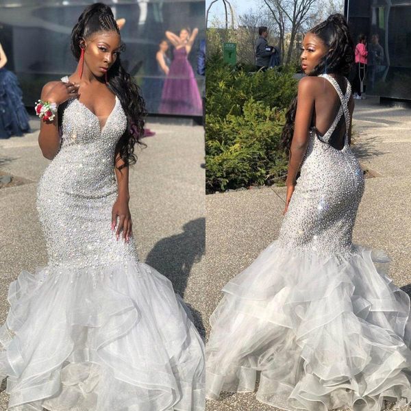 

роскошные бисером африканские вечерние платья с оборками поезд backless блестящая блестки русалка платье выпускного вечера sexy робы де soir, Black