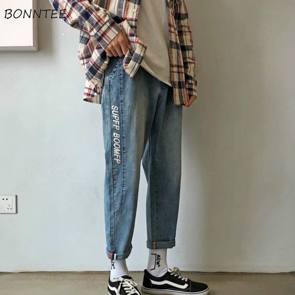 

мужские джинсы письмо printed пят straight эластичный пояс сыпучие все матча студенты корейского стиля отдыха mens harajuku ulzzang, Blue