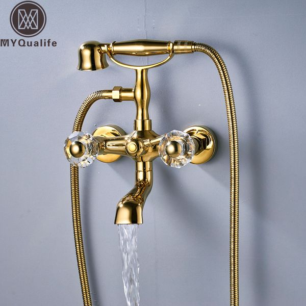 

golden bathtub faucet dual crystal handle bath shower set mixer faucet wall mount tub sink tap with handshower