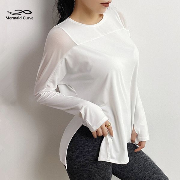 

mermaid curve 2020 new transparent net yarn patchwork women sports long sleeve t shirts quick-drying loose gym yoga t-shirt, White;red