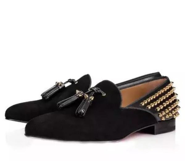 

Роскошный дизайнер красные днища мужчины плоское красное дно свадебное платье обувь мокасины с шипами кистями черная кожаная обувь дизайнер бесплатная доставка