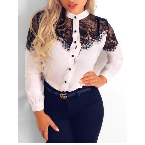 

new women stand collar long sleeve hollow out lace panel perspective shirt blouse for ladies work, White