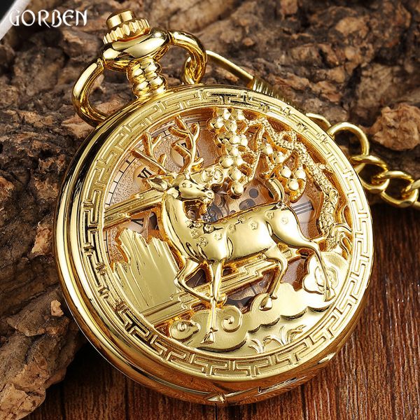 

luxury golden flower deer carving design mechanical pocket watch fob waist chain hollow steampunk skeleton hand wind mens clock, Slivery;golden