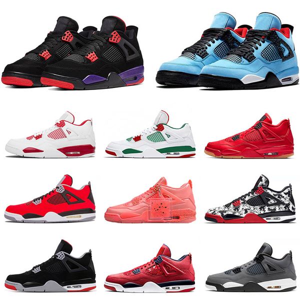 

new travis scott 4 bred 4s raptors men basketball shoes loyal blue cool grey mushroom fire red neon mens designer trainers sports sneakers, White;red