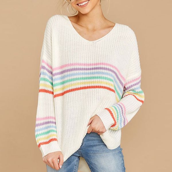 

feitong autumn winter pullover plus size women knitted stripe patchwork long sleeve v-neck sweater women coats warm, White;black