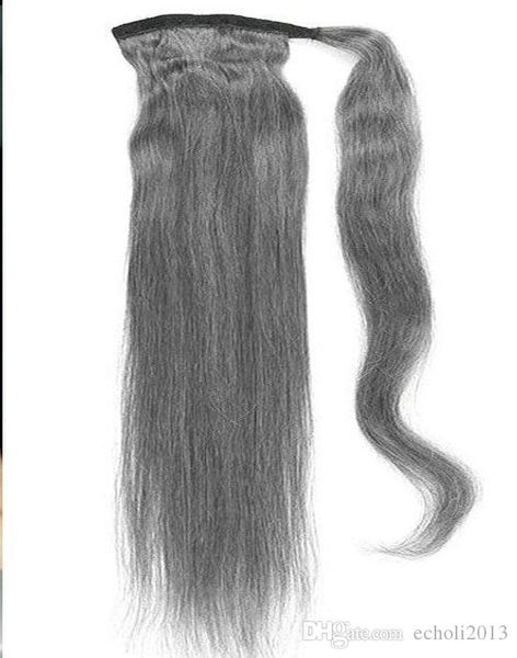 Gümüş gri insan saçı ponytails postiş sarma etrafında ipeksi düz at kuyruğu ücretsiz doğal hightlight tuz ve karabiber gri saçları Boya