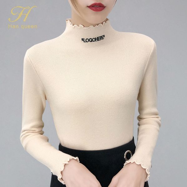 

h han queen autumn winter turtleneck sweaters letter embroidery casual soft jumper korean slim femme elasticity knitted pullover, White;black