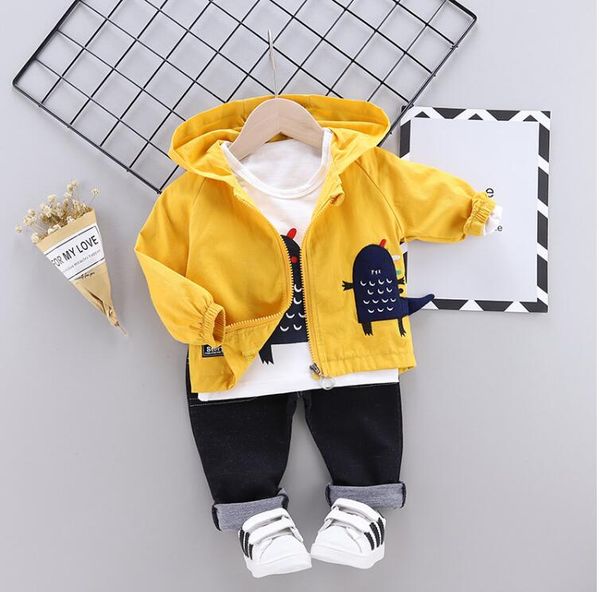 

spring and autumn new children's suit cartoon children's hooded zipper shirt long sleeve jeans three piece suit, White