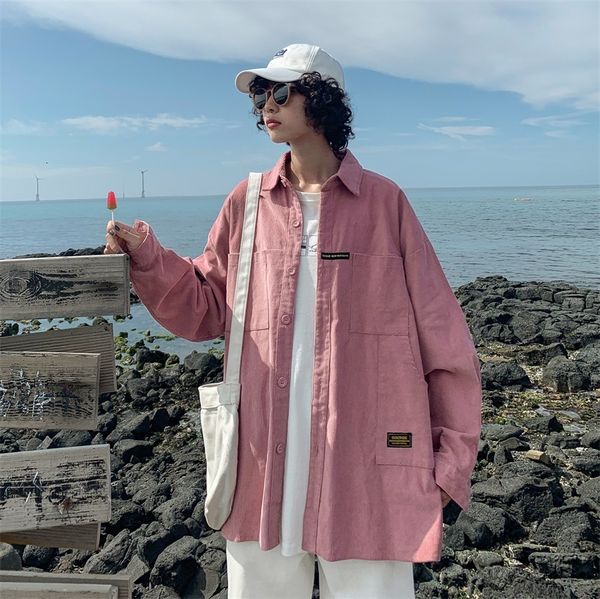 

2019 spring and autumn on the new korean version of the trend corduroy lapel solid color long-sleeved shirt pink khaki / navy, White;black