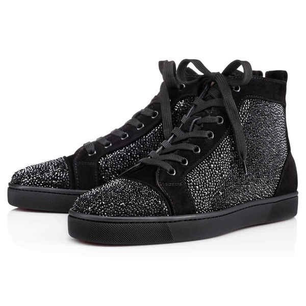 

original box]france luxury red bottom sneaker party birthday shoes veau velours louflat women strass men's flat scintillating crystals, Black
