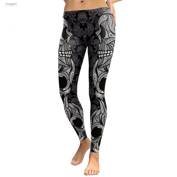

leggings new design 2019 skull women head digital print rose fitness leggins plus size elastic workout pants legins, Black