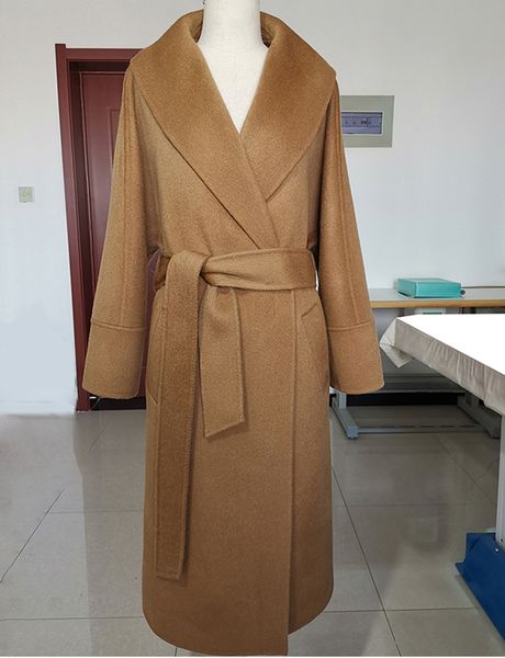 

2019 winter spring women's fashion alpaca bathrobe long design woolen overcoat with belt, Black