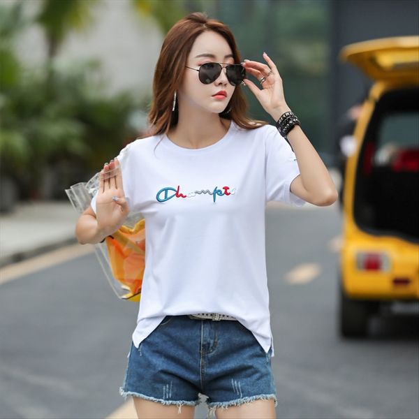 

short-sleeved t- female 2019 loose t- shirt letter embroidery pure cotton inner base shirt ins tide split fork, White