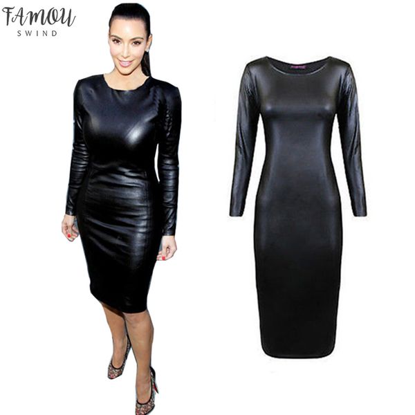 

женская мода платья повязки pu платье кожи длинной sexy party рукава bodycon женских clubwear midi vestidos, Black;gray