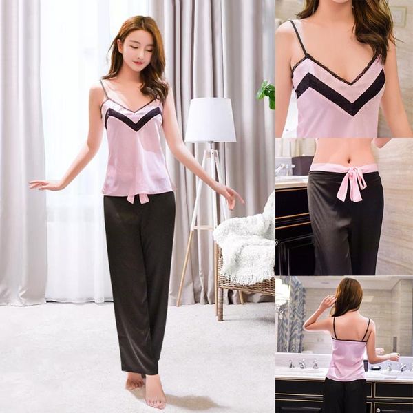 

women's sleepwear satin pajama pajamas set solid color loose-fit two-piece nightwear cami and pants set, Black;red