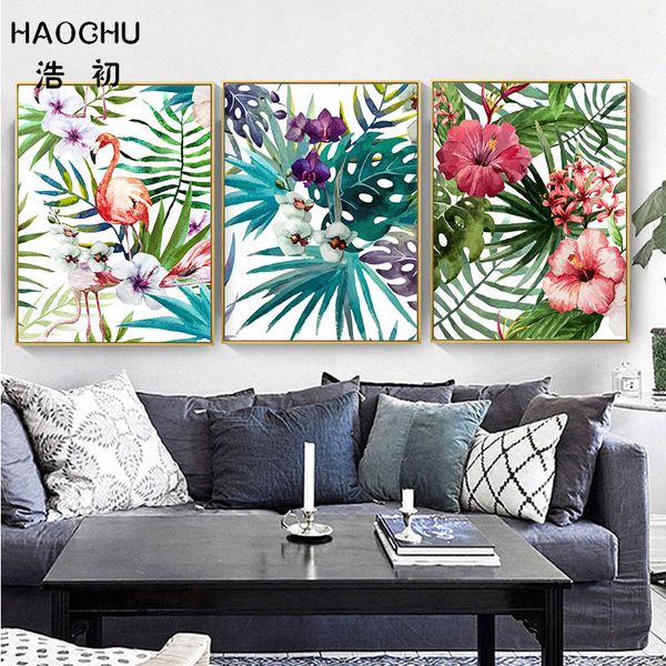 

haochu tropical forest flower leaves watercolor plant flamingo art poster print picture wall decor canvas painting home decor