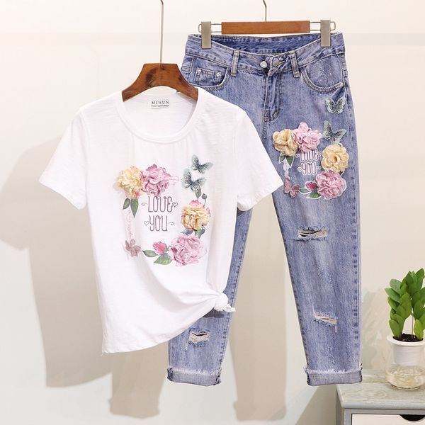 

2019 spring new arrival butterfly embroidered flower print cotton t-shirt + hole ripped jeans suit women's two piece sets, White