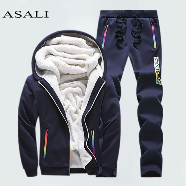 

winter tracksuits men set casual thicken fleece warm hooded jacket pants spring sweatshirt sportswear coats hoodie track suits, Gray