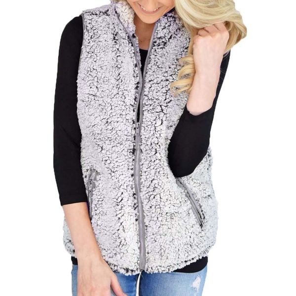 

womens vest winter warm outwear casual faux fur zip up sherpa jacket, Black;white