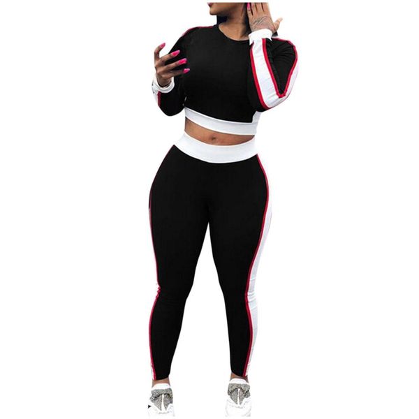 

fashion women leakage navel sport suit casual solid long sleeve cropped long pants 2pcs set female outdoor running tracksuit, Black;blue