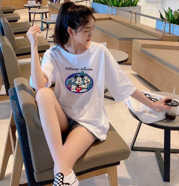 

new arrival womens designer t-shirts long length summer loose breathable plus size womens cloths carton stlye fashion mouse print cloths, White