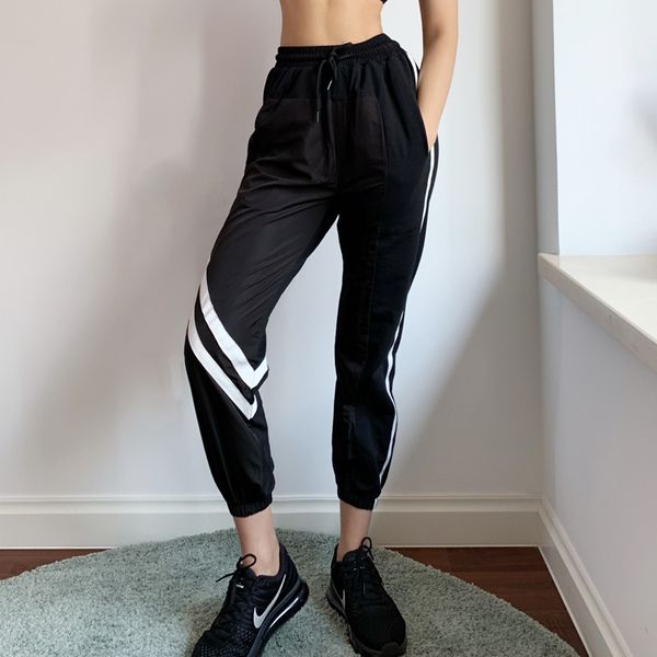 

summer thin styles sport gym pants women loose fit solid running fitness sweatpants elastic jogger pants with pocket side stripe, Black;blue