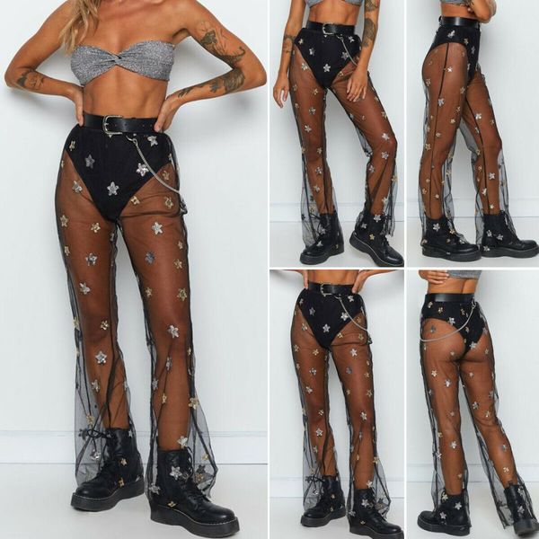 

2019 women cover-ups mesh sheer perspective long pants beach clubwear bikini cover up print see through fashion, Blue;gray