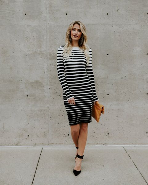 

мода полосатый печатных женское платье весна дизайнер платья с круглым вырезом карандаш платья повседневная градиент цвета женская одежда, White;black