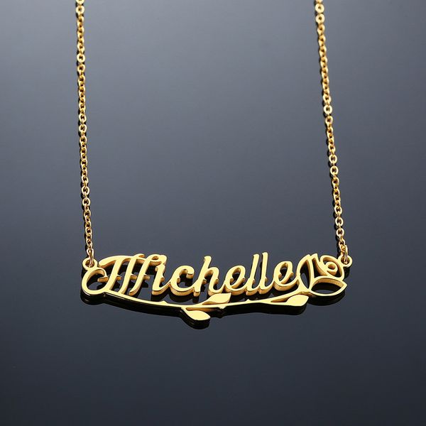 

rose flower name choker necklace for women stainless steel custom any name plated letter pendant necklace, Silver