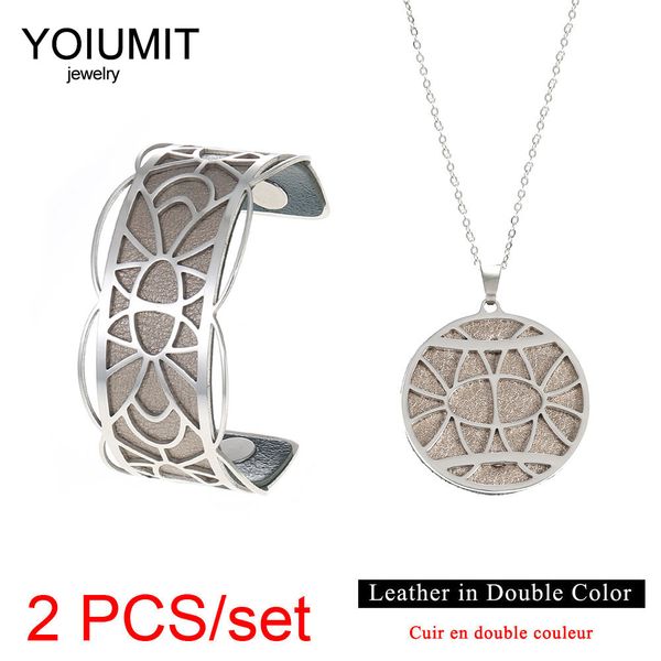 

yoiumit stainless steel bracelets necklace jewelry set cuff bracelets & bangles for women bijoux interchangeable leather set, Silver
