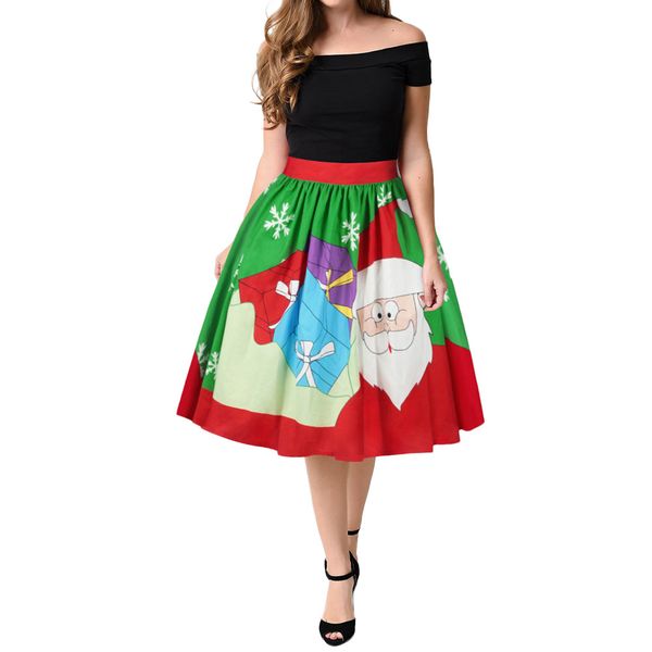 

women christmas santa 3d print flare elastic high waist cosplay ball gown skirt 400#, Black