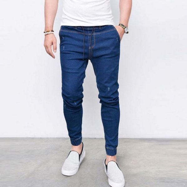 

men blue denim jeans slim fit solid jeans fashion hip hop skinny pencil for men high street elastic stretch